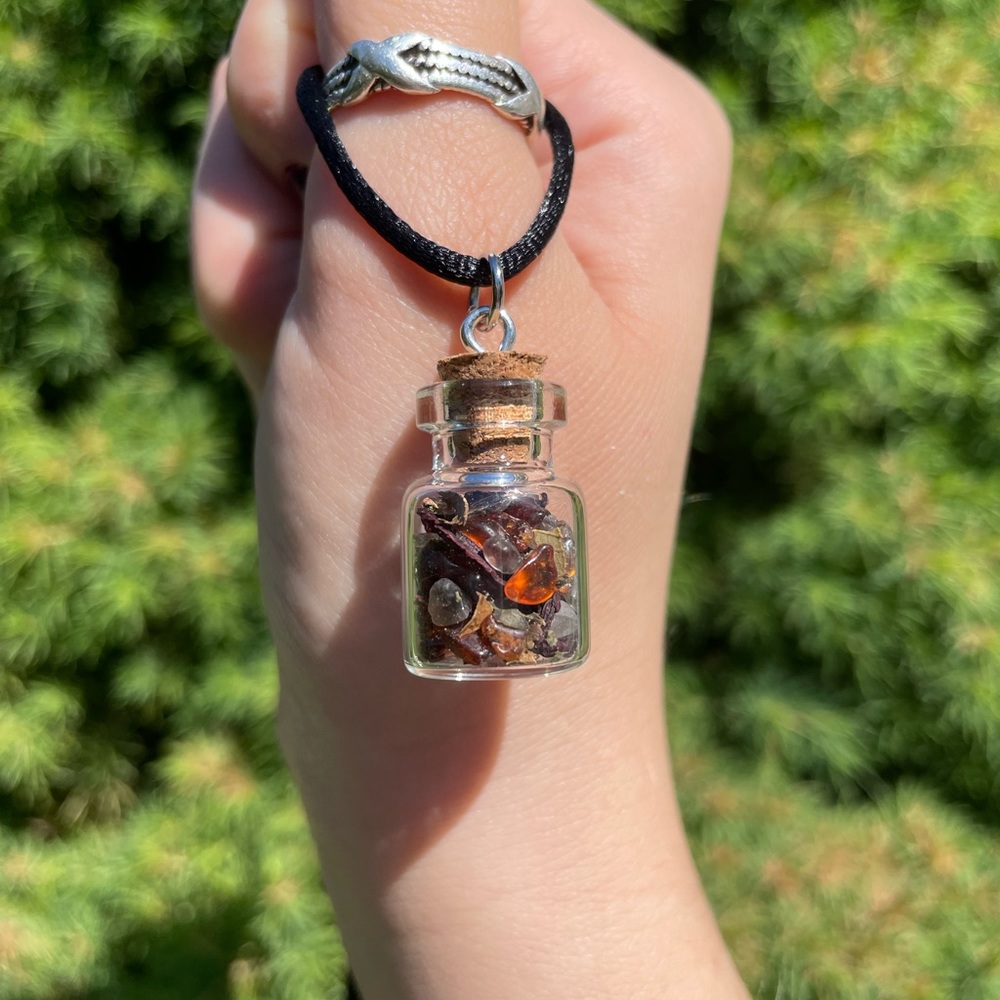 Herb + Crystal Cork Jar Necklace | Hand Crafted | Garnet + Smokey Quartz